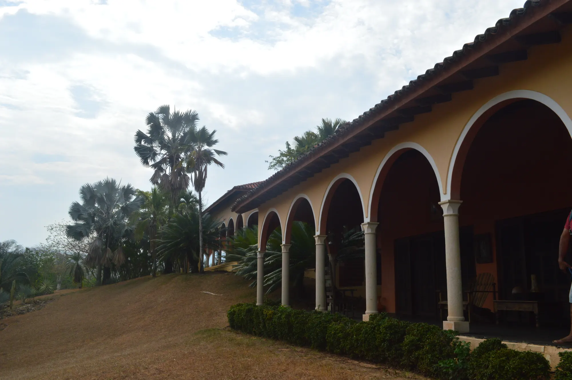 Galería de arcos de la casa principal de Finca Cactus, con palmas y cielo abierto