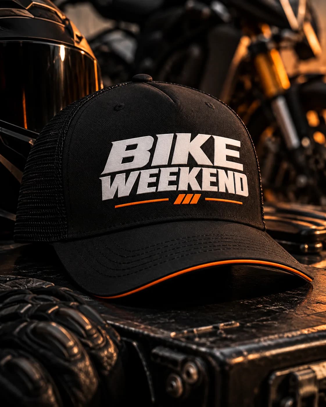 Gorra Bike Weekend negra con el logo en blanco y naranja