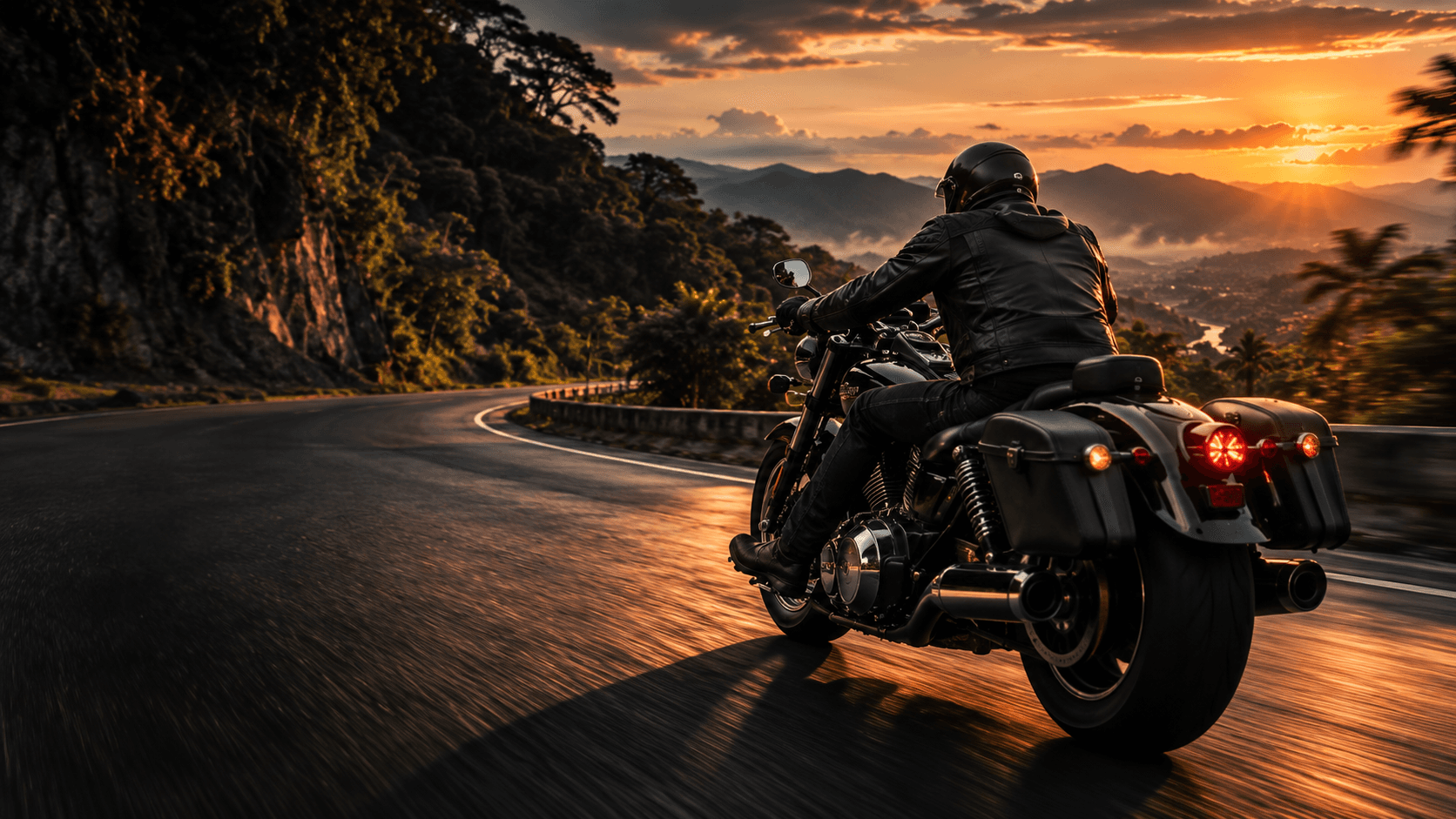 Motociclista rodando por una carretera de montaña al atardecer