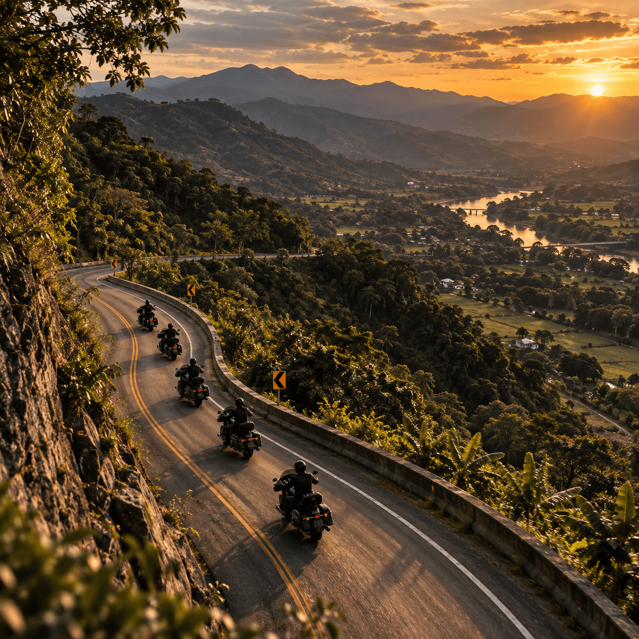 Vista aérea de una caravana de motos en una carretera de montaña sobre el valle