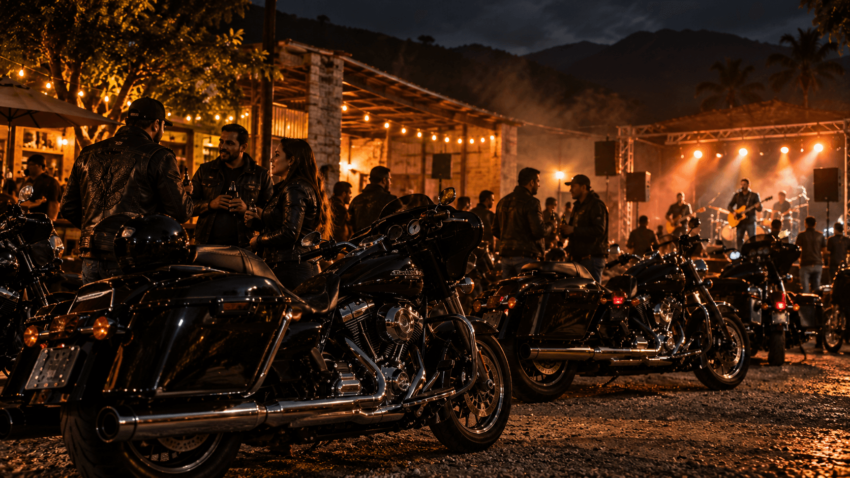 Encuentro nocturno con música en vivo junto a las motos